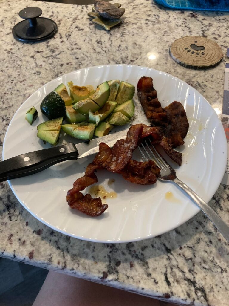 Christmas bacon and avocado breakfast with pumpkin spice eggnog coffee