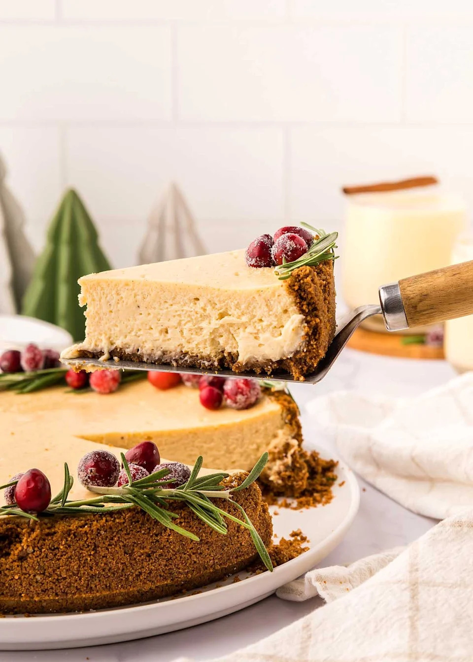 A close up shot eggnog cheesecake.