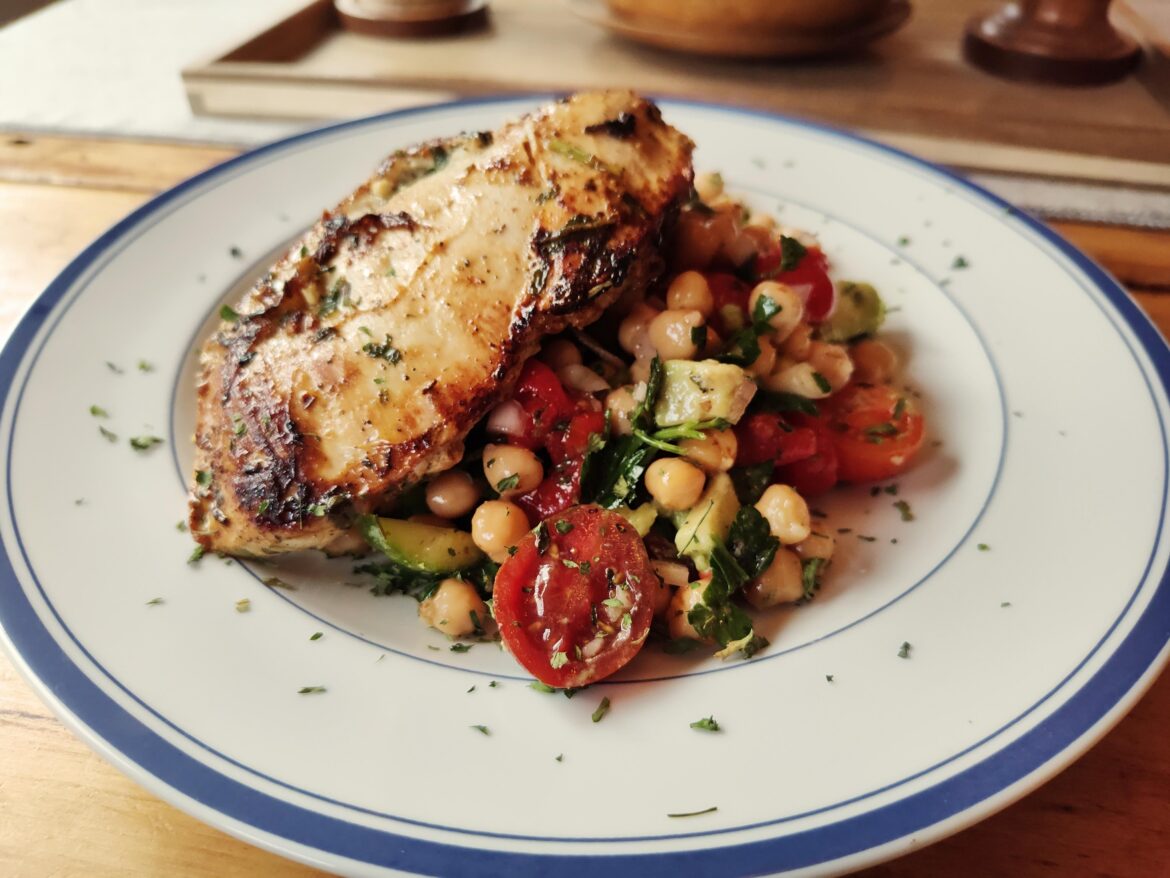 Grilled lemon marinated chicken over chickpea salad. This was delicious!