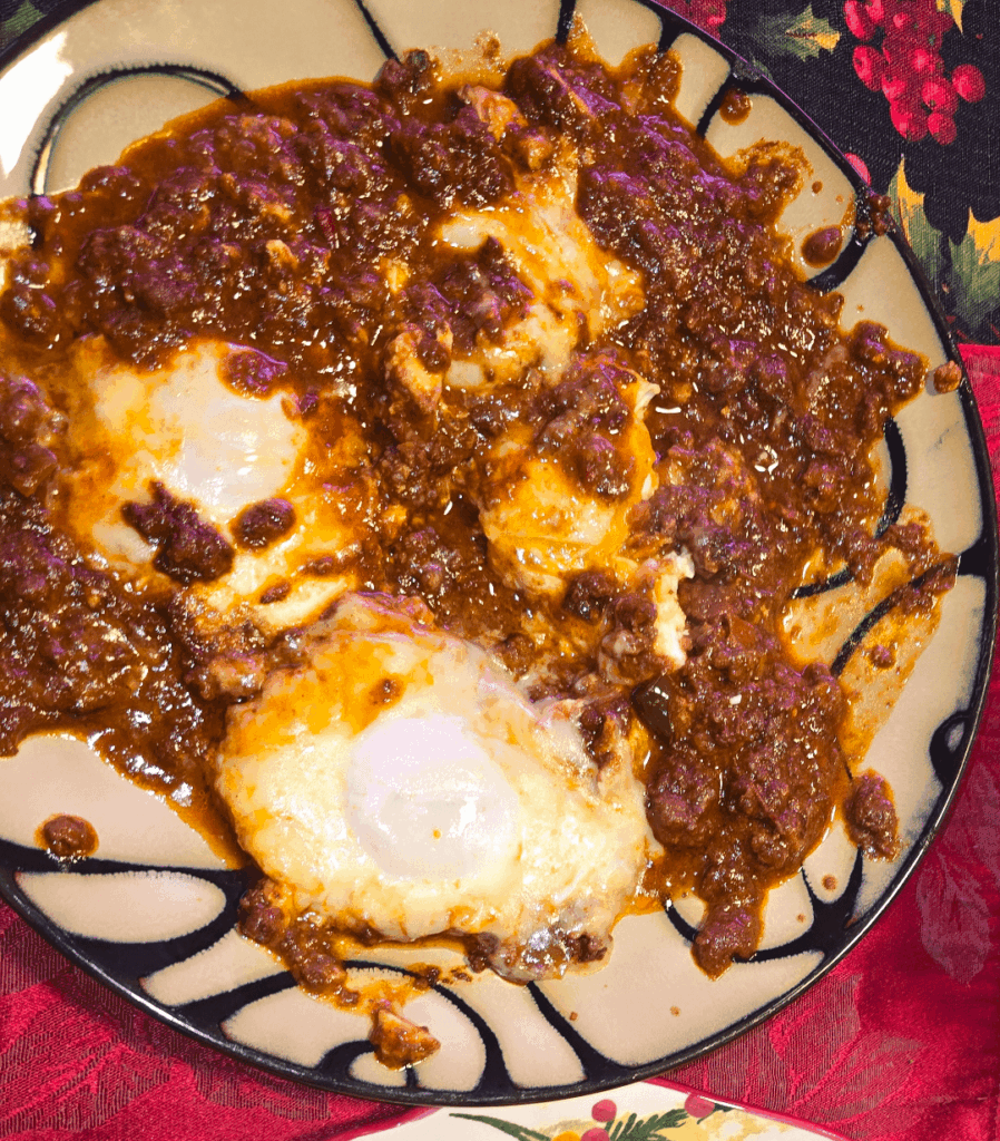 I took a serving of chili and poached eggs in it like shakshuka
