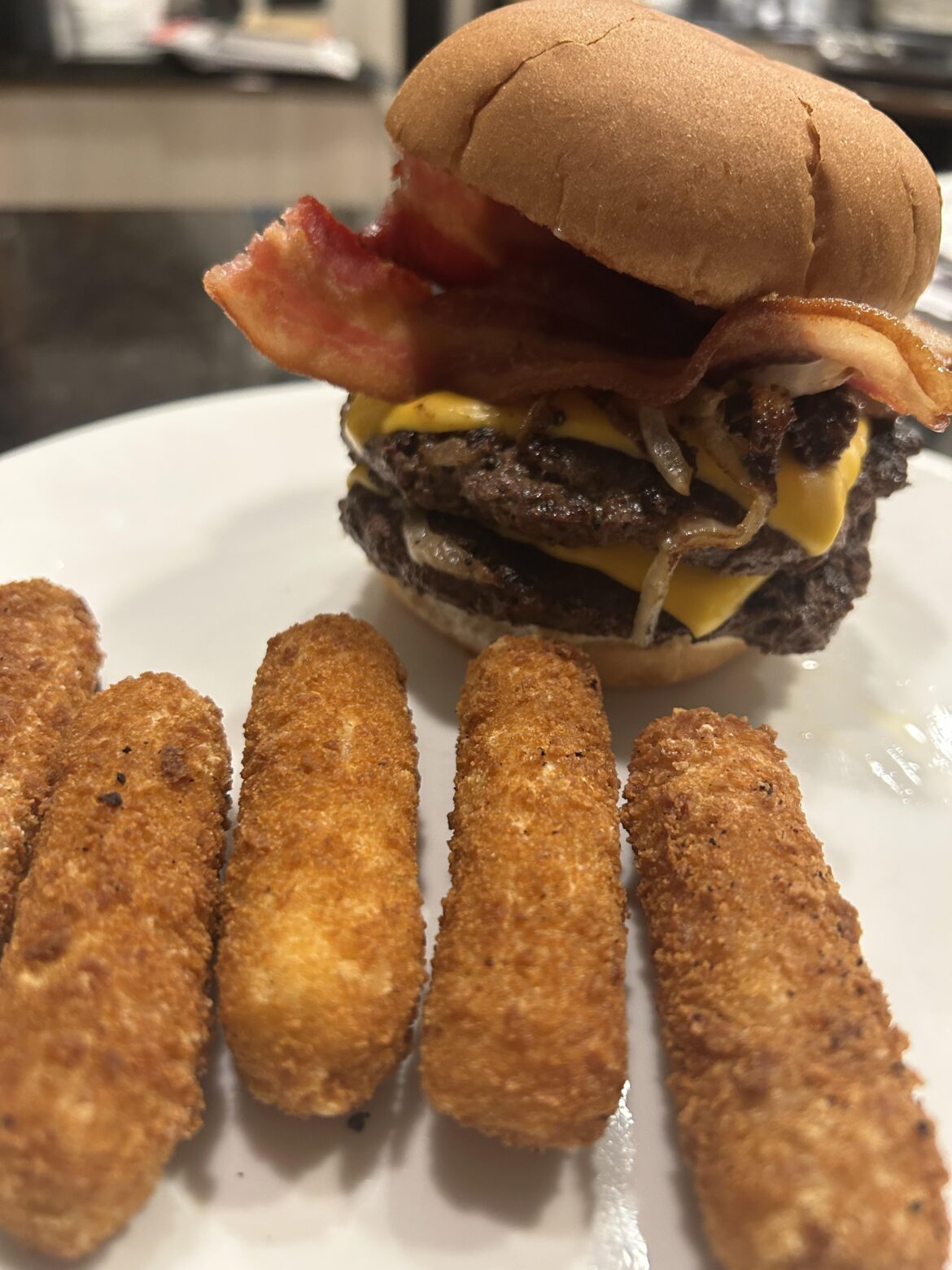 Dbl smash with cheese, bacon, and sautéed onions