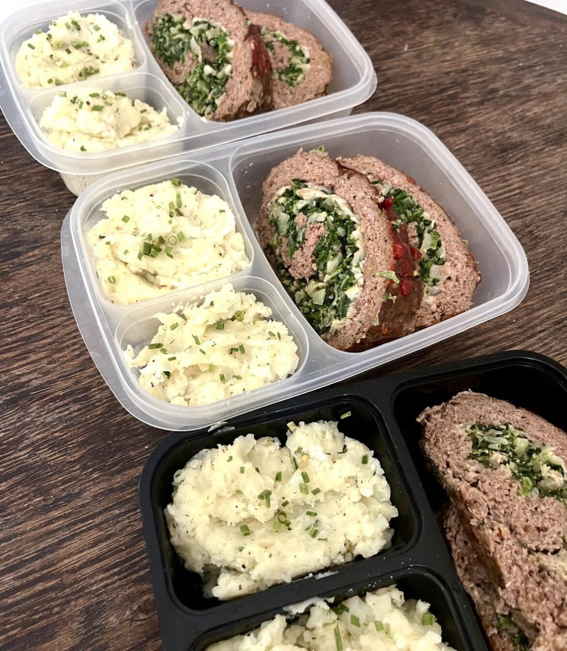 Rolled spinach meatloaf and mashed potatoes!