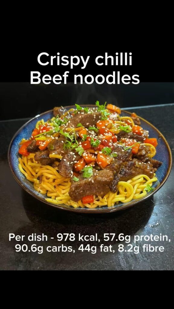 Athletes meal crispy chilli beef noodles