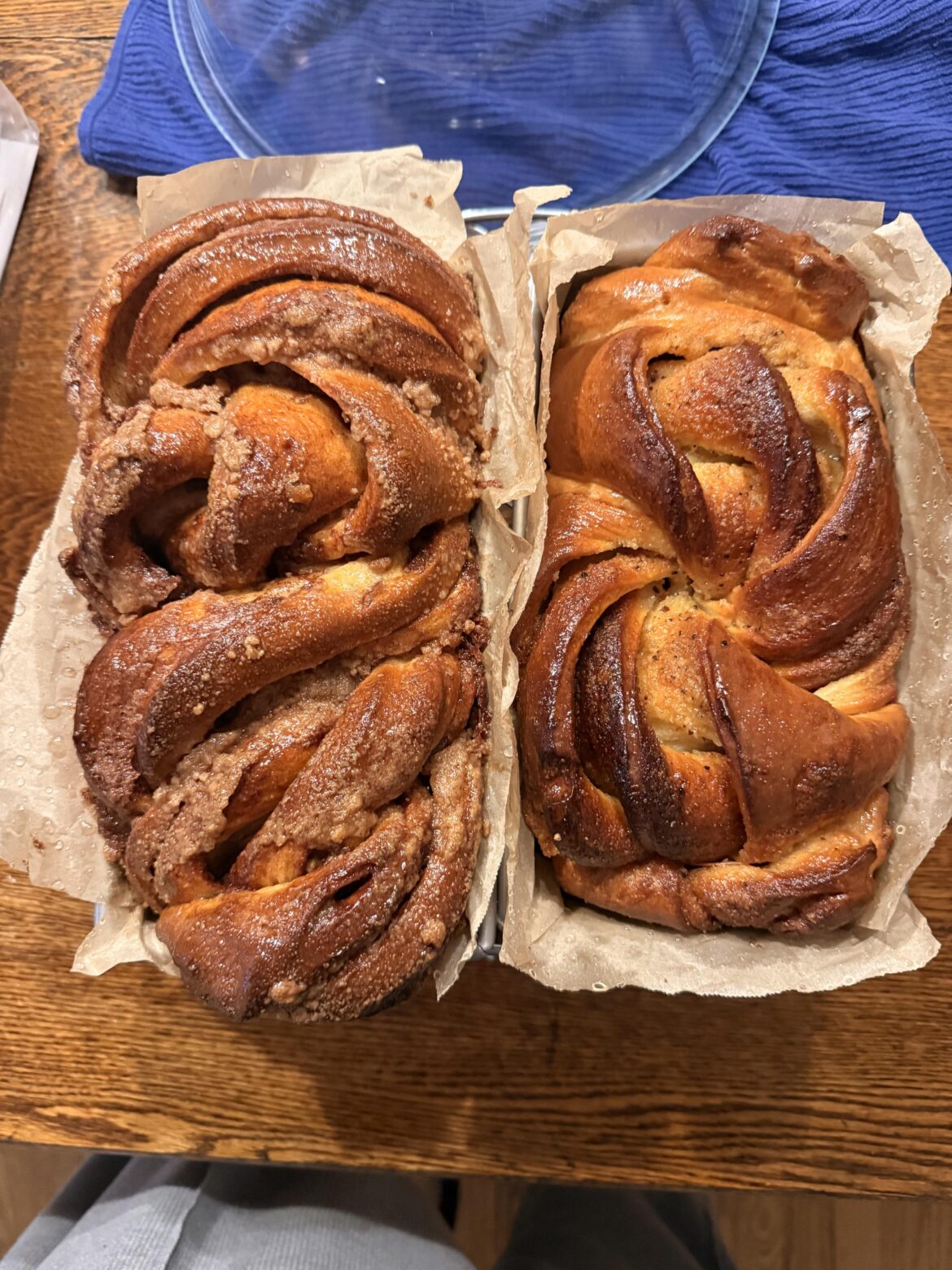 Cinnamon babka on the left and vanilla bean, maple syrup, and brown butter babka on the right.