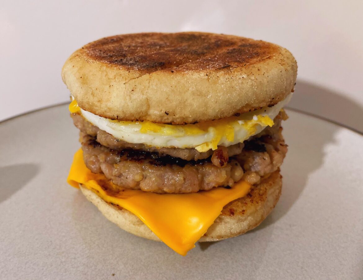 Homemade Double Sausage Egg McMuffin. Made the patties with pork sausage meat. Better than the real thing!