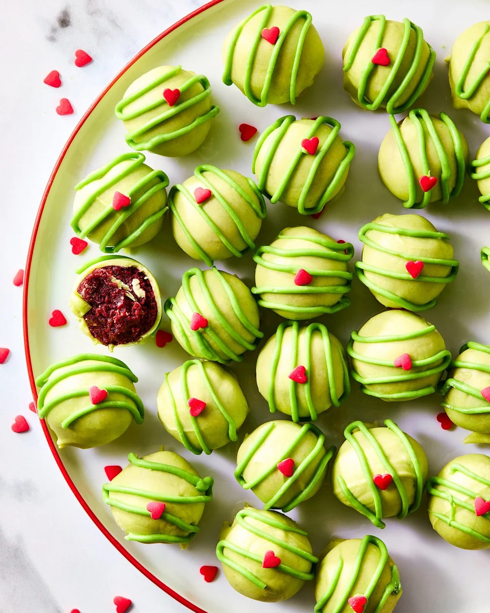 green covered cake bites with red hearts