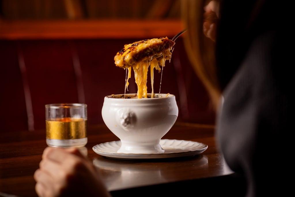 French onion soup gratinated with Salers, Comté and Gruyère cheese. Photo: Handout