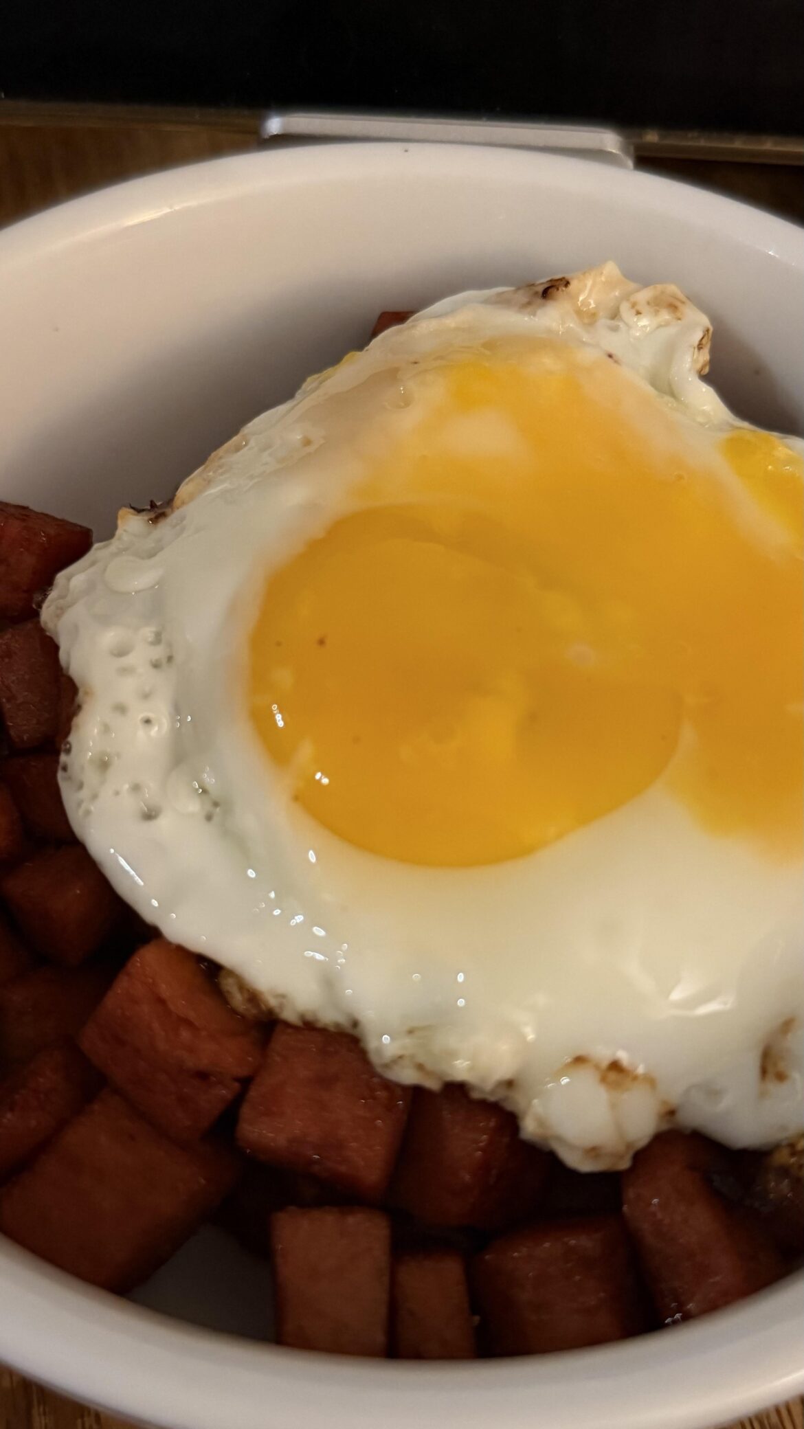 Son’s Soy Sauce Sautéed Turkey Spam with Sunny Side Up Egg