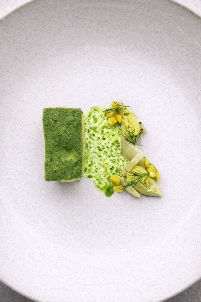Cod with dill crust Jerusalem artichoke, salsify & champagne beurre blanc Herb oil