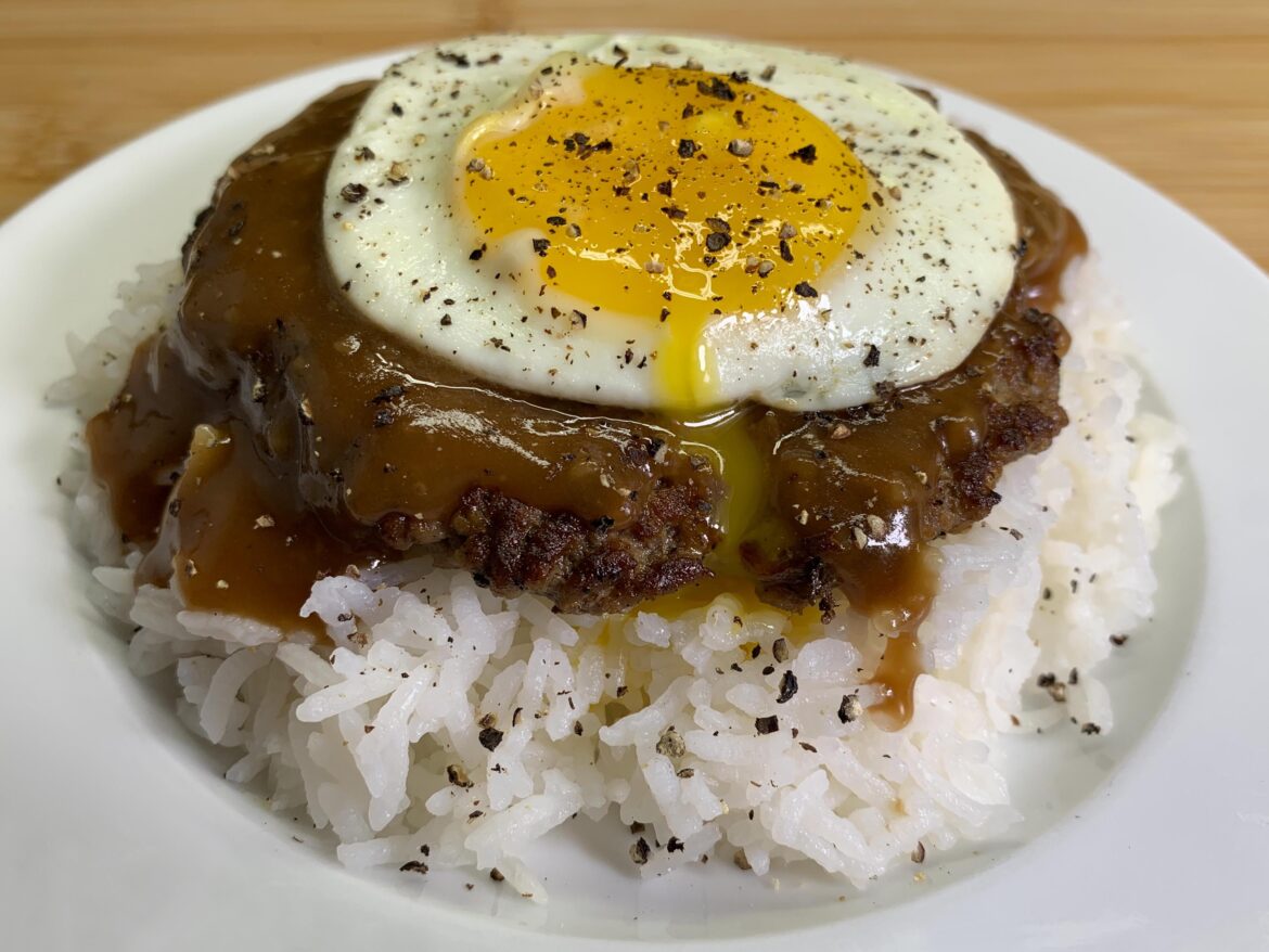 Loco Moco: Put an egg atop a Beef Patty with Sticky Rice & Brown Gravy,