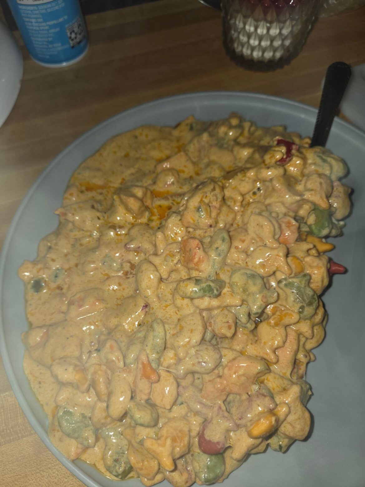 My girlfriend doesn't like soup, so she used my soup ingredients and some goldfish to make this