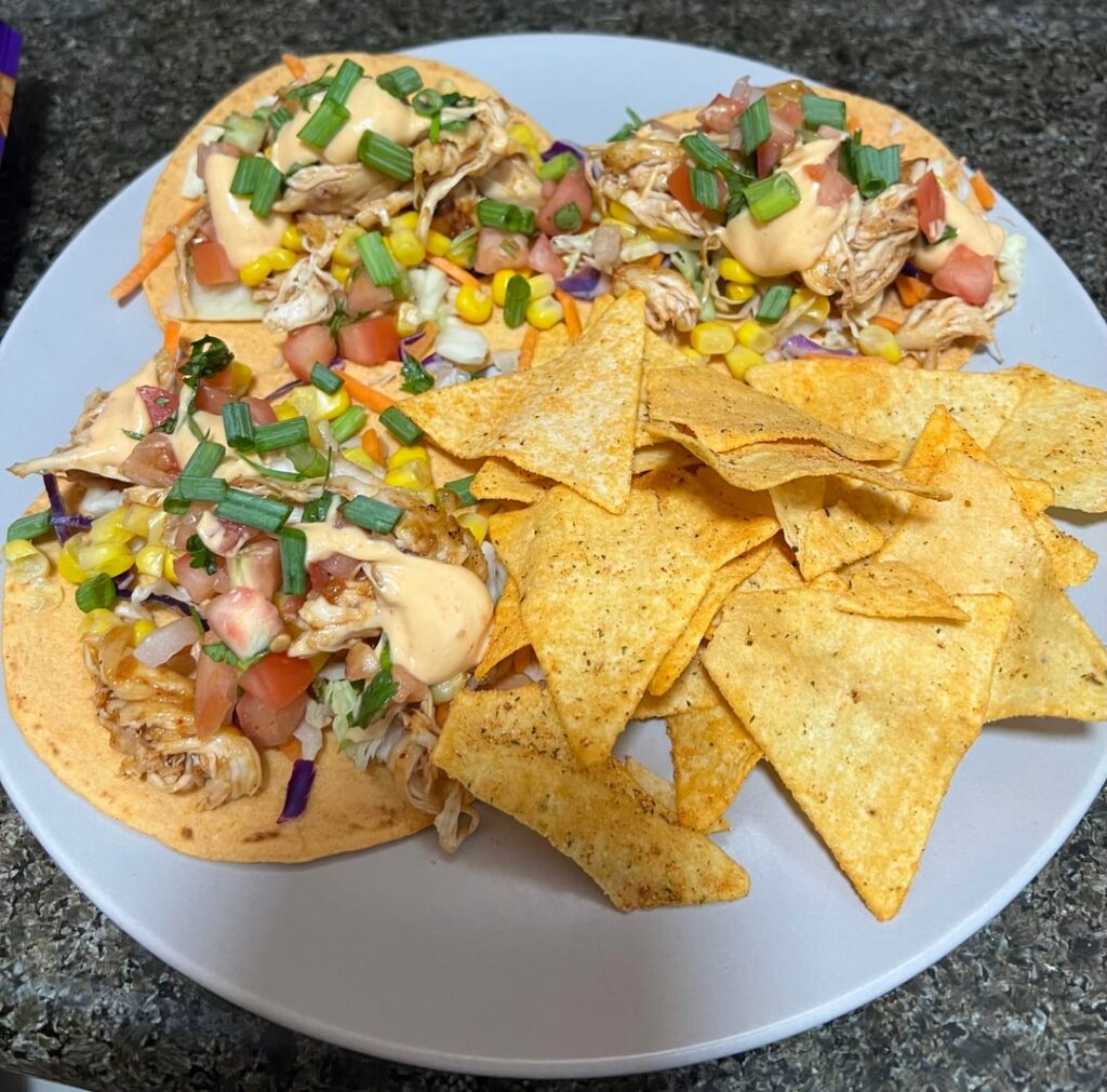 390 calories for these shredded chicken tacos and chips!
