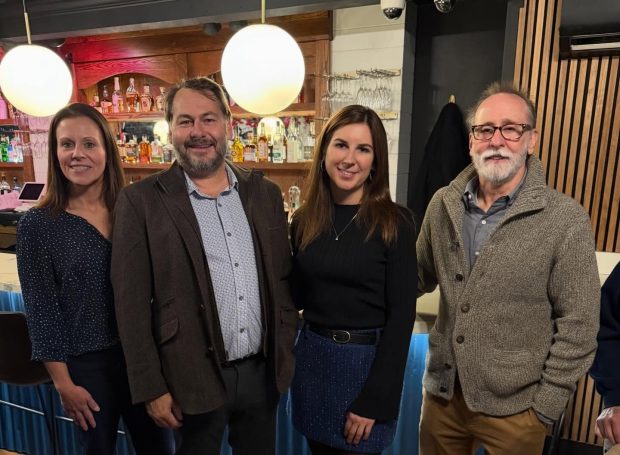 Celebrating the grand opening last week of Maris Mediterranean Seafood Restaurant are, left to right, Trish McFarland, Delaware County Chamber of Commerce president; Loïc Barnieu, Maris owner; Elise Rehoric, Maris general manager; and Dave Fairman, executive director of Media Business Authority. (COURTESY OF DELCO CHAMBER)