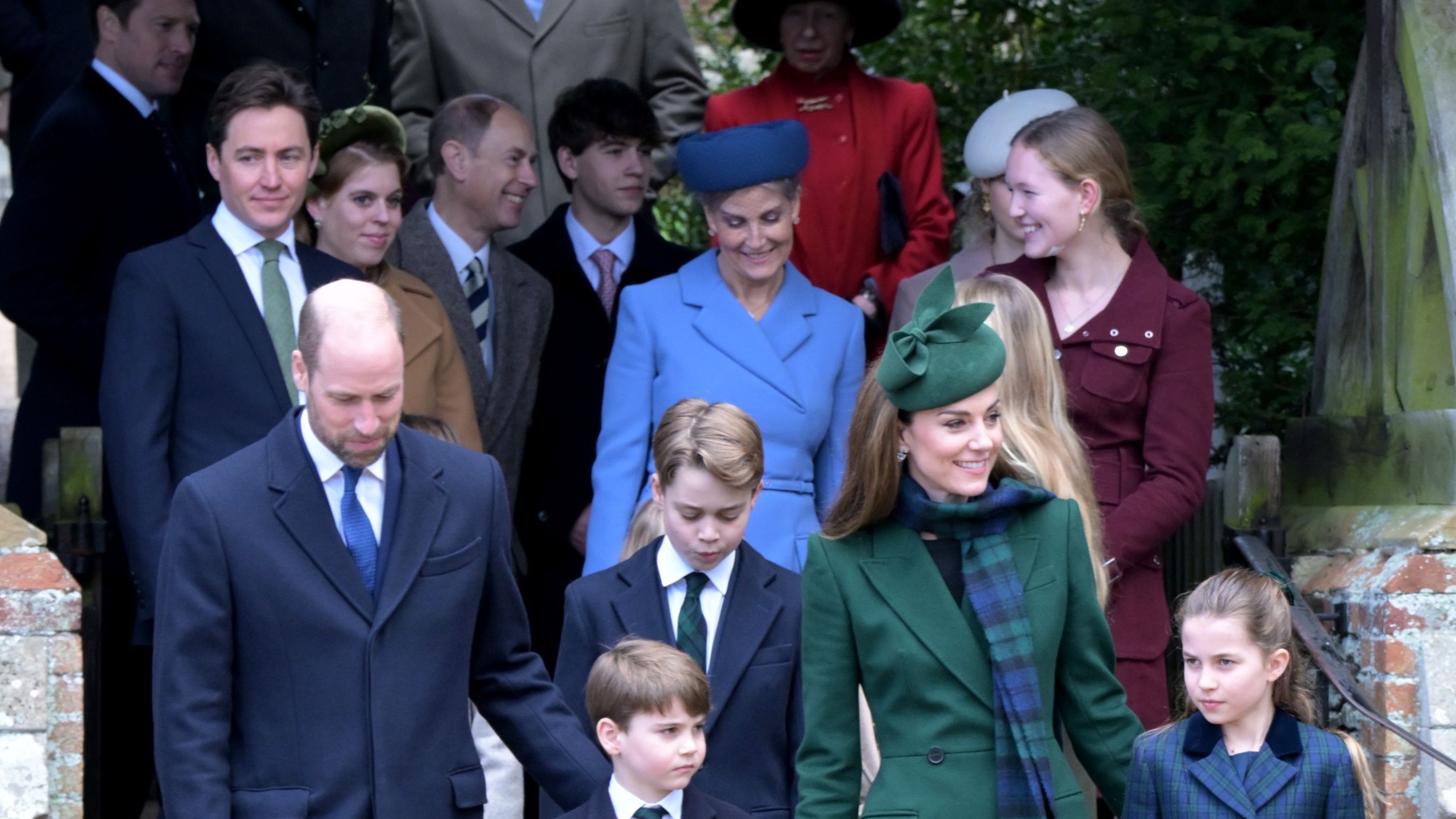 Prince William, Prince Louis of Wales, Prince George of Wales, Catherine, Princess of Wales and Princess Charlotte of Wales leave after attending the Christmas Morning Service at Sandringham Church on December 25, 2024