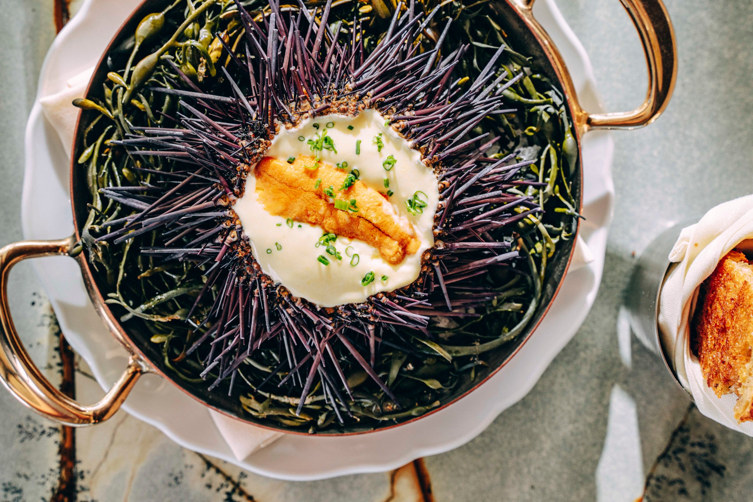 Eggs in a split-open uni at Fleurette.