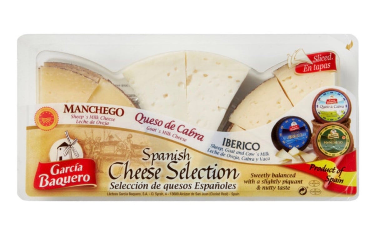 A package of García Baquero Spanish Cheese Selection, featuring sliced Manchego, Queso de Cabra (goat cheese), and Ibérico cheeses. The label highlights the cheeses and small round labels for each type.