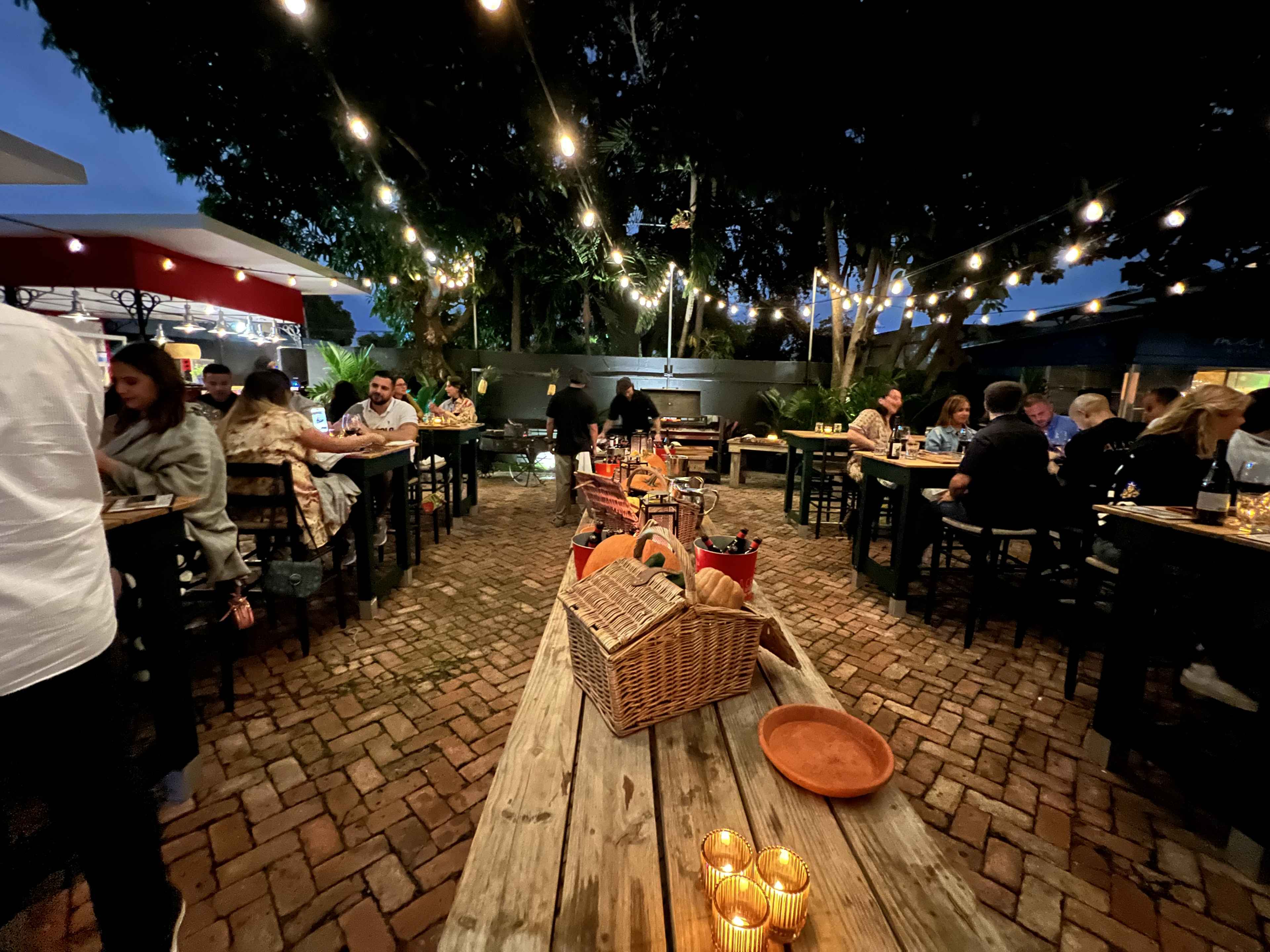 outdoor patio with string lights