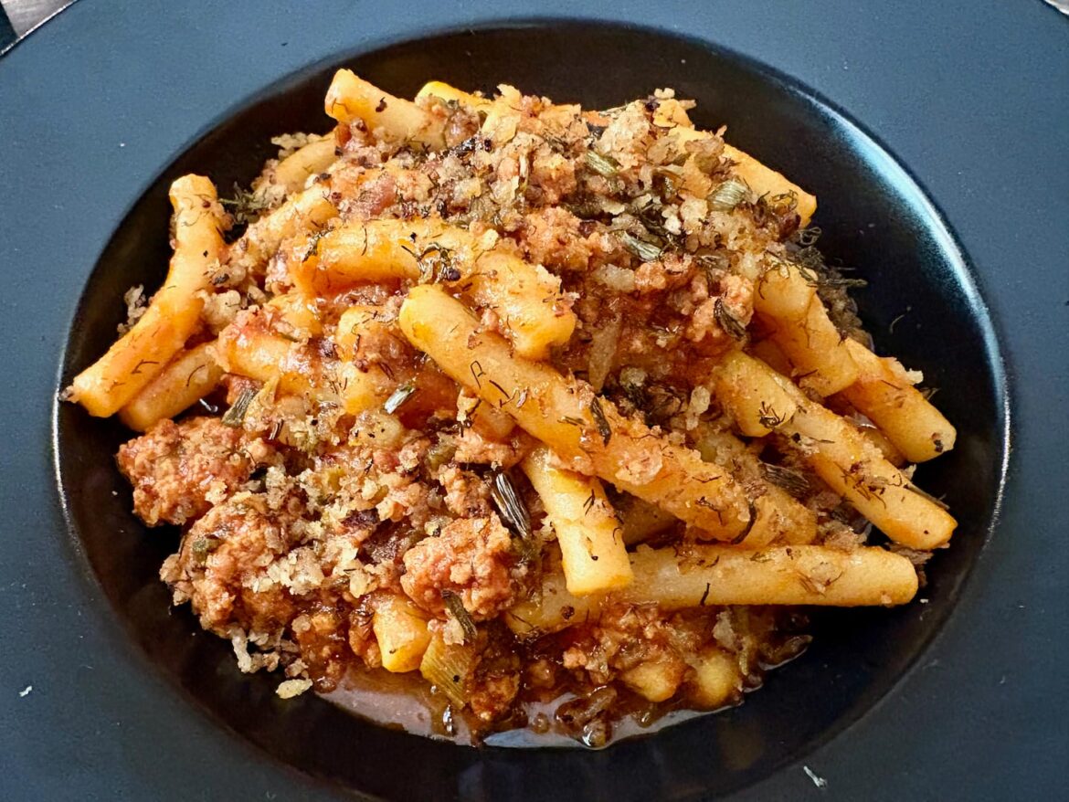 Hand-rolled macaroni with sausage and fennel at Glass, a restaurant serving typical Sicilian dishes and pizza in the hilltop town of Piazza Armerina.