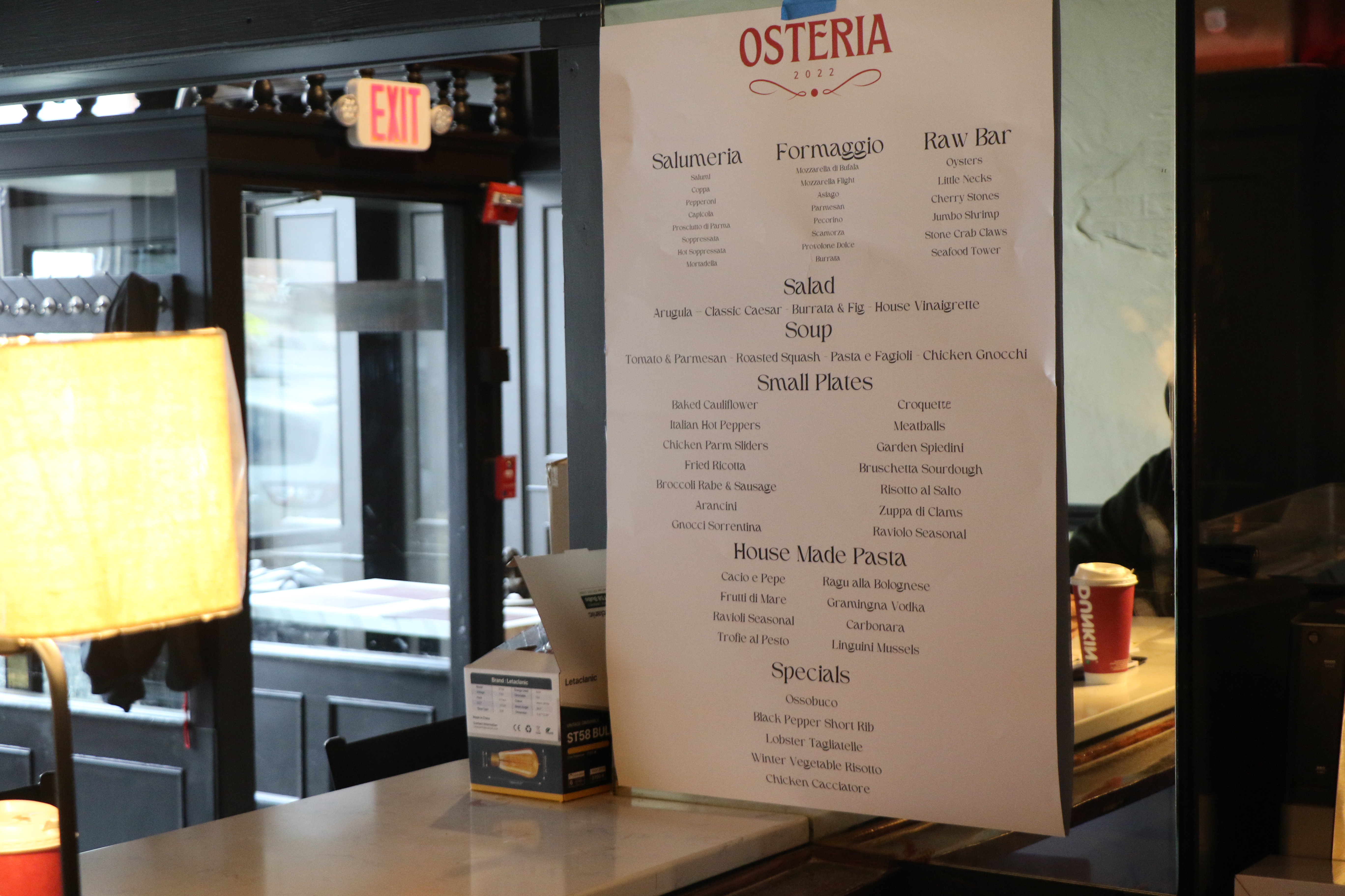 Osteria menu for its mid-December opening. Specials are expected to change seasonally.