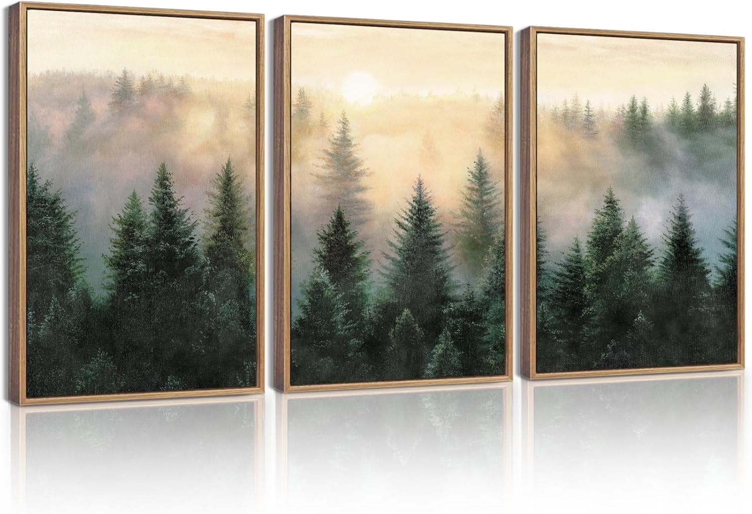 Kuvioke Sun Dawn Fog Pine Tree Framed Wall Art Morden Nature Nordic Forests Artwork Bedroom Decor 12x16in (natural Framed)
