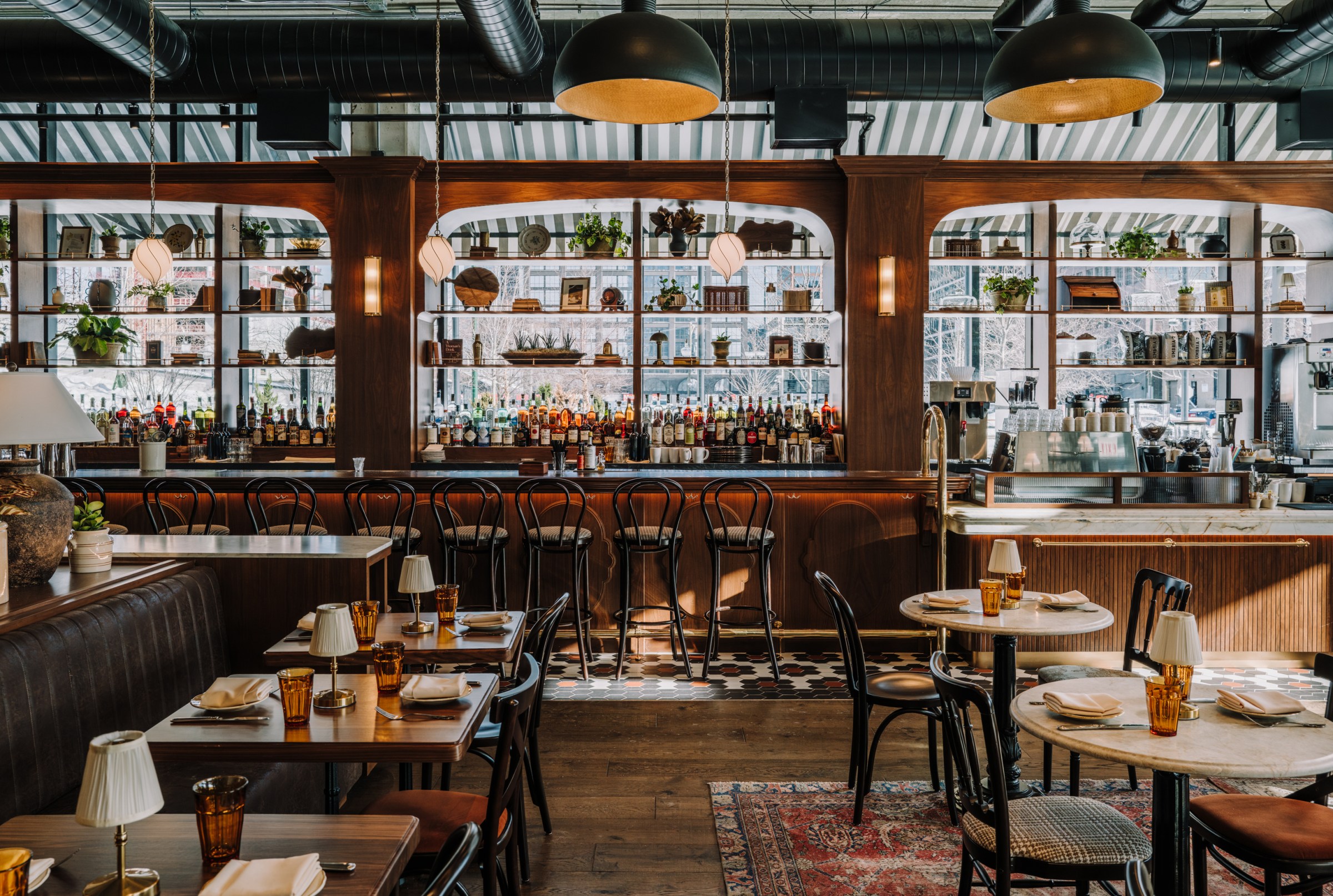 A bar with shelves of liquor, plants, framed photos, and other decorations.