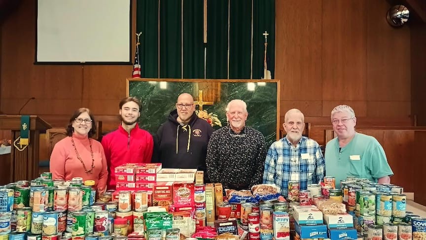 [CREDIT: Deb Provencal] From left, members of Lakewood Baptist Church after collecting 996 lbs. of food for their Thanksgiving food drive: Cecily Douthit, Max Moretti, Manny Alves, Pastor Ron Provencal, Lincoln Smith, Steve Sjogren