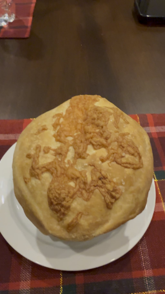 Puff Pastry Topped French Onion Soup with Gruyère Cheese and Sourdough Croutons Inside