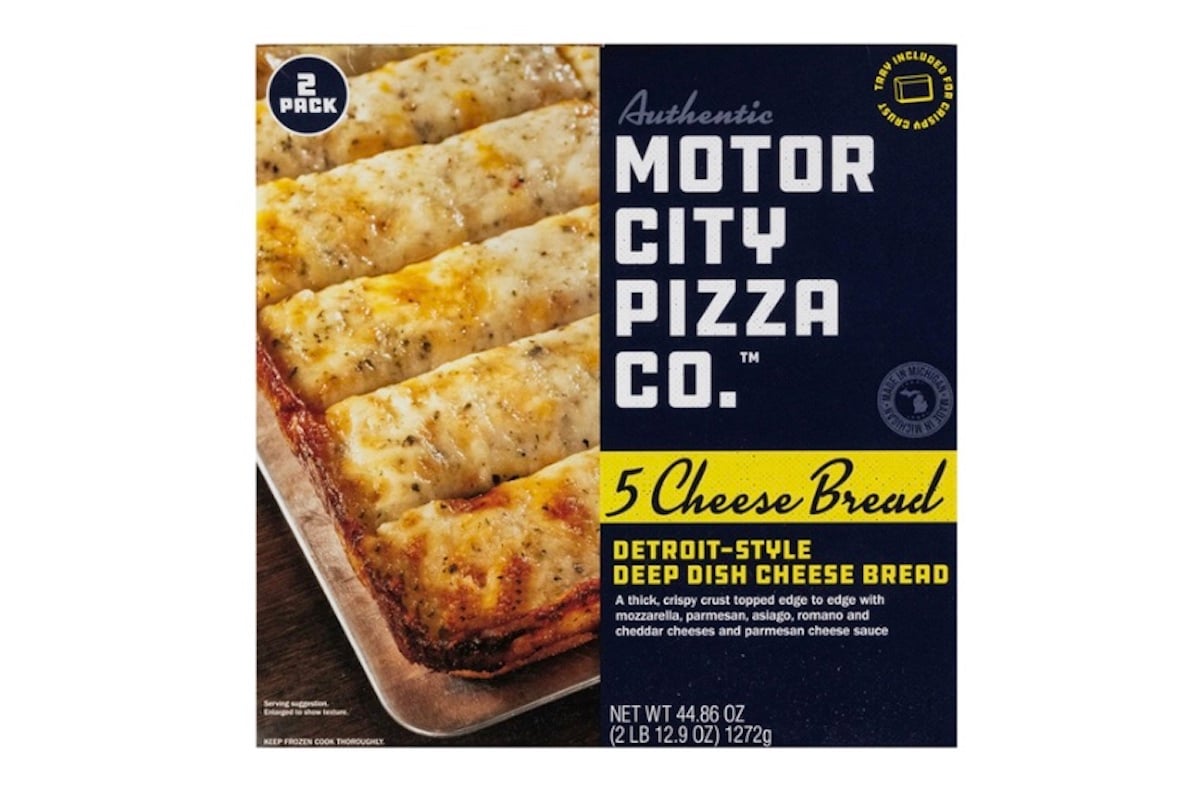 Front of a Motor City Pizza Co. box showing Detroit-style deep dish 5 cheese bread, with an image of cheesy breadsticks, product details, and a "2 pack" label in the top left corner.