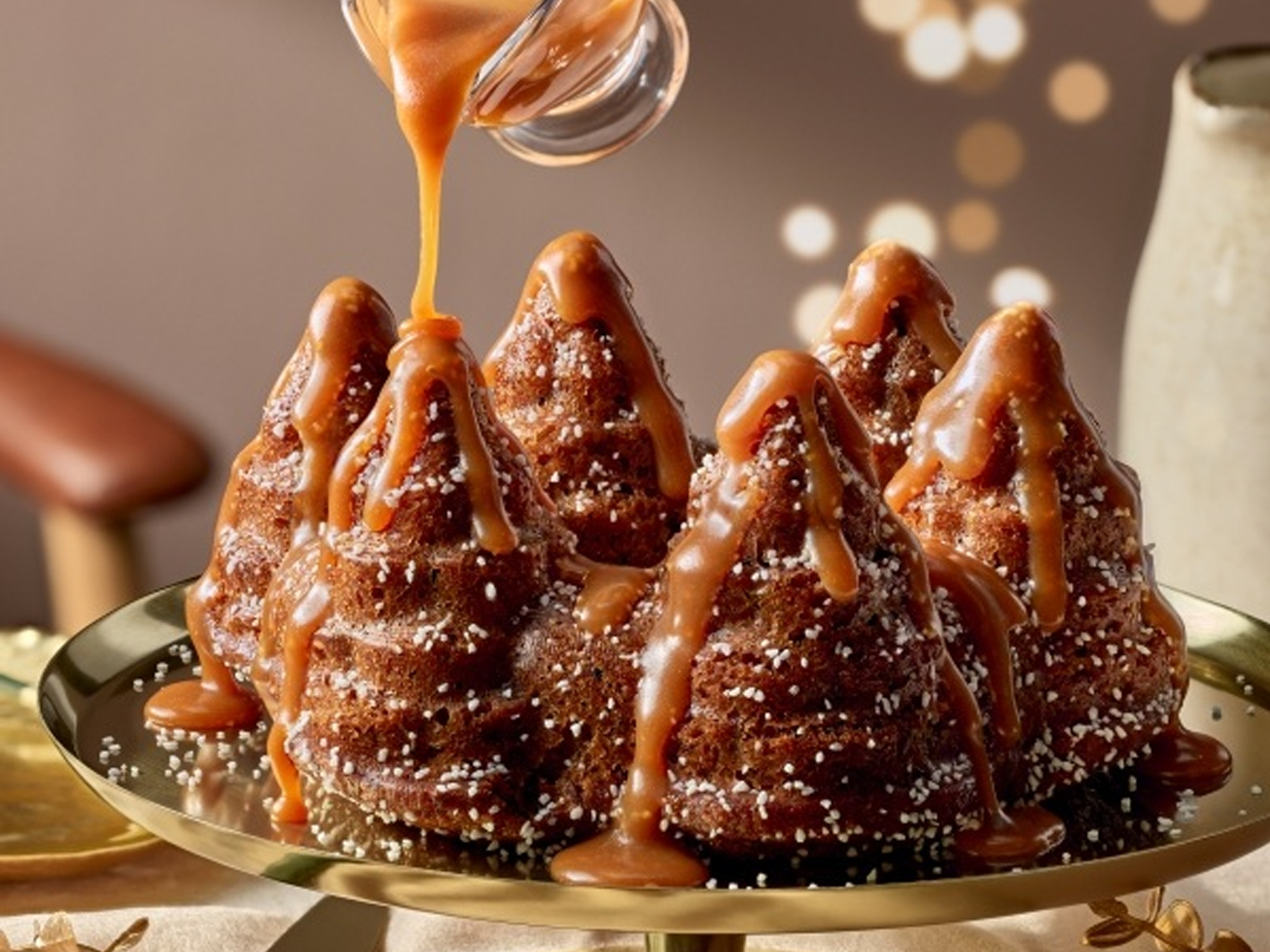 Desserts include fir-free-shaped date sponge with sticky toffee sauce