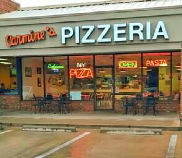 Image shows the storefront of Carmine's Pizzeria in Dallas.