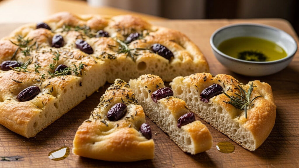 Unaprol and France Olive's Mission to Champion Honesty in Extra‑Virgin Oil 11 Sliced Focaccia Provençale on a wooden chopping board