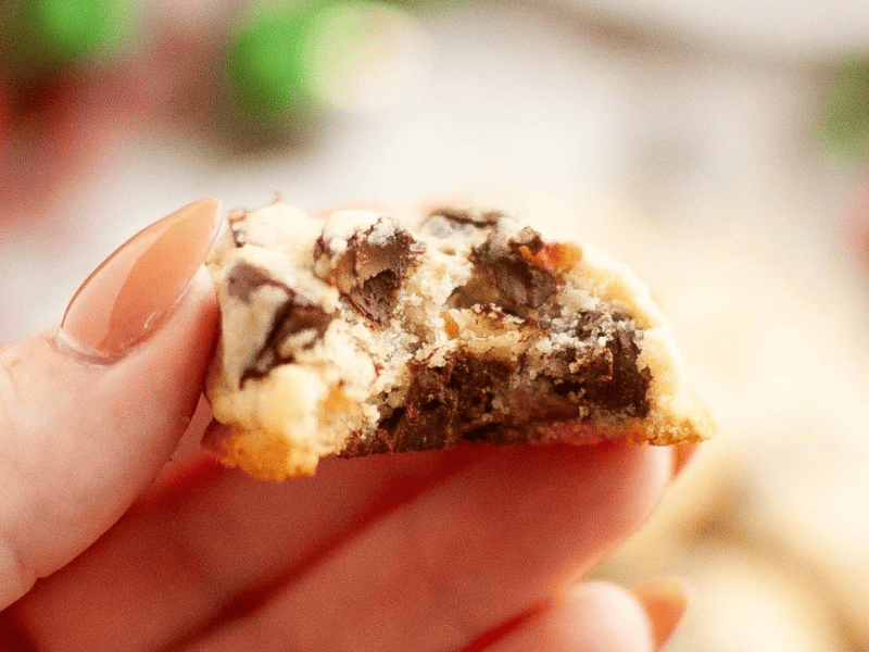 A hand holding a partially eaten Cranberry chocolate chip cookie in focus, with a blurred background.