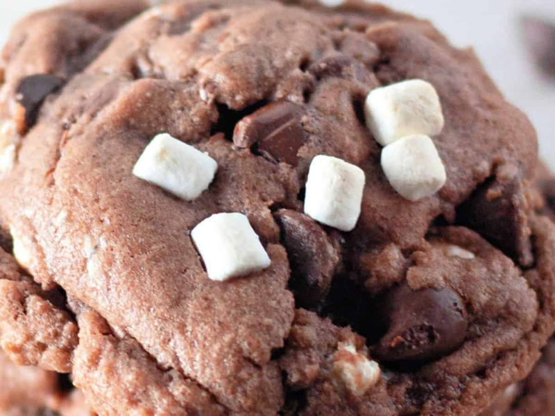 A close-up of a chocolate cookie with chocolate chips and small white marshmallows on top.