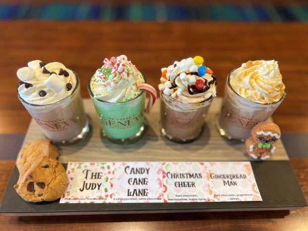A hot chocolate flight, available in alcoholic and non-alcoholic versions, is available on Fridays and Saturdays through December at the Lodge in Geneva-on-the-Lake. (Courtesy of The Lodge at Geneva-on-the-Lake)