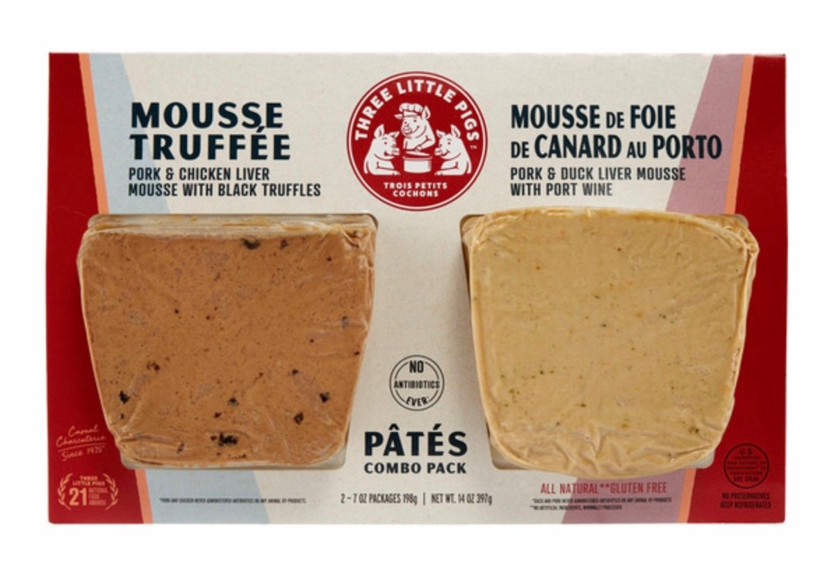 A combo pack of Three Little Pigs brand pâté with two rectangular packs: Pork & Chicken Liver Mousse with Black Truffles on the left and Pork & Duck Liver Mousse with Port Wine on the right.