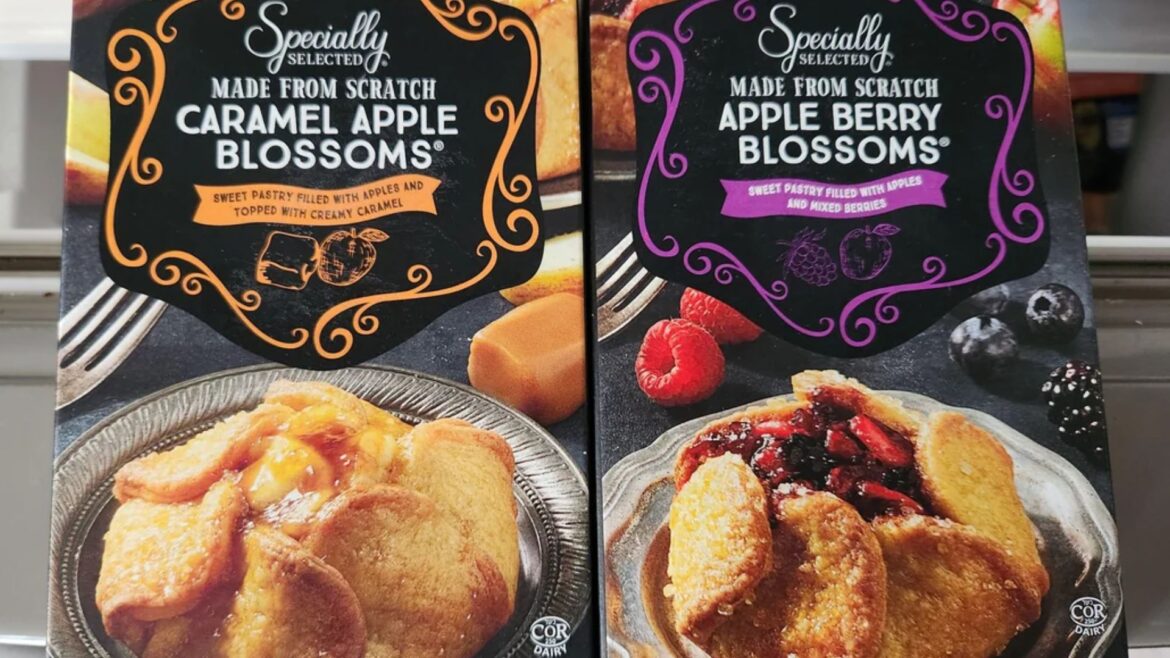 Two boxes of frozen desserts: Caramel Apple Blossoms on the left, featuring sweet pastry filled with apples and creamy caramel; Apple Berry Blossoms on the right, with apples, raspberries, and blackberries in a pastry.