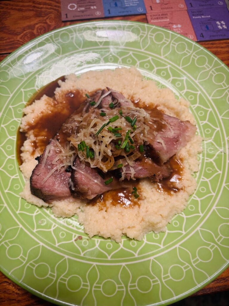 “French onion” rib roast on Parmesan polenta with a persimmons and apple galette “French onion” rib roast on Parmesan polenta with a persimmons and apple galette