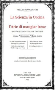 Title page of first national Italian cookbook by Pellegrino Artusi with titles in red ink, text in black, and ornate margins