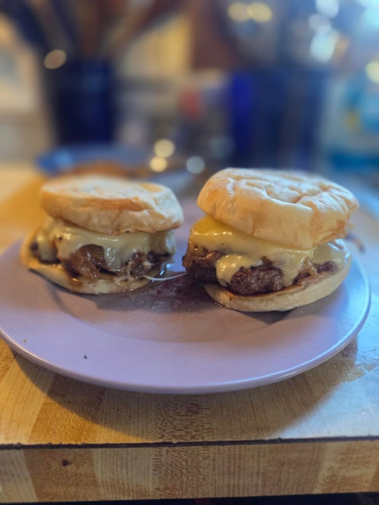 Made mushroom, Swiss Cheese and carmalized onion burgers with a bit of mayo for lunch.