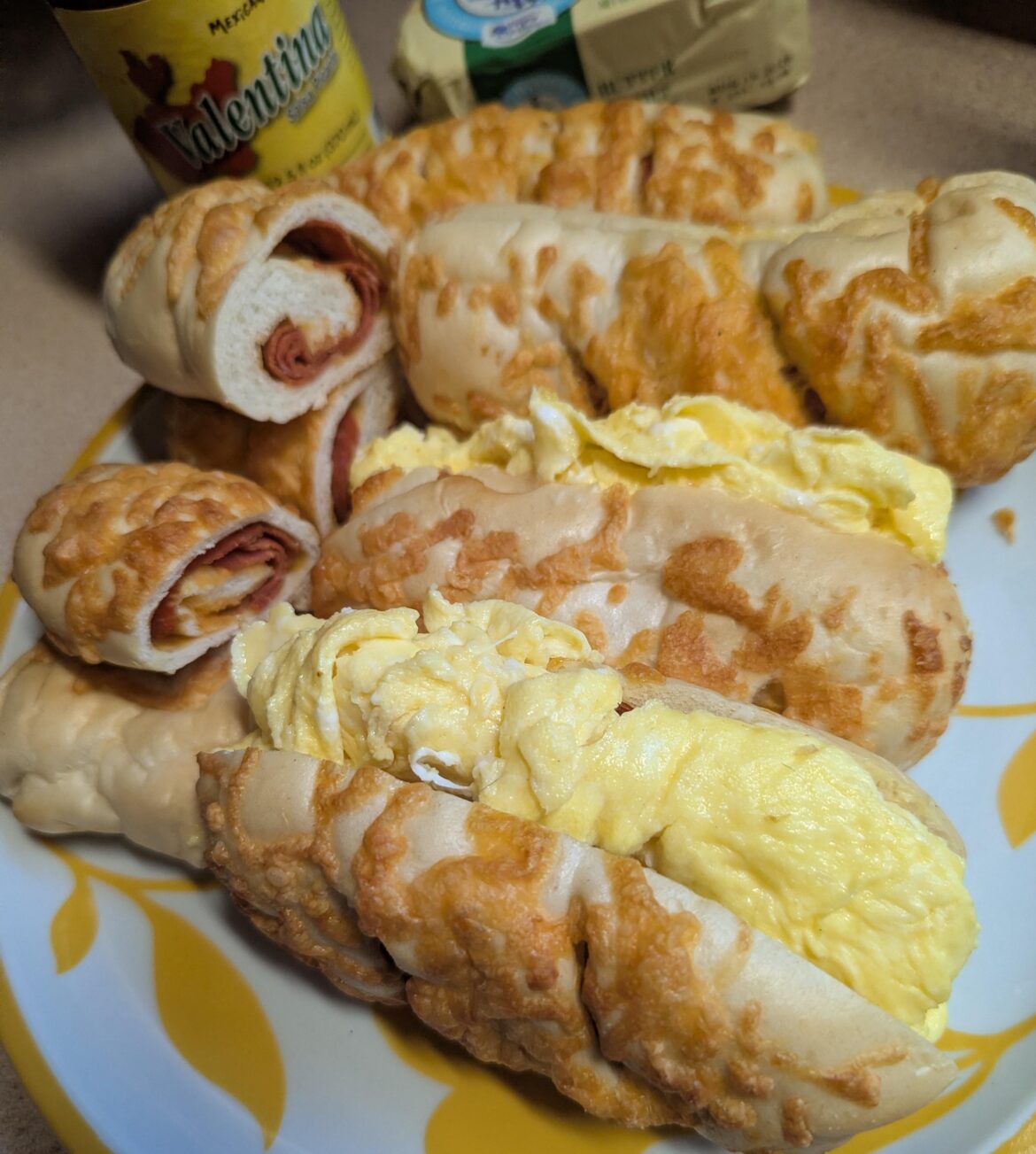 Scrambled eggs in pepperoni rolls