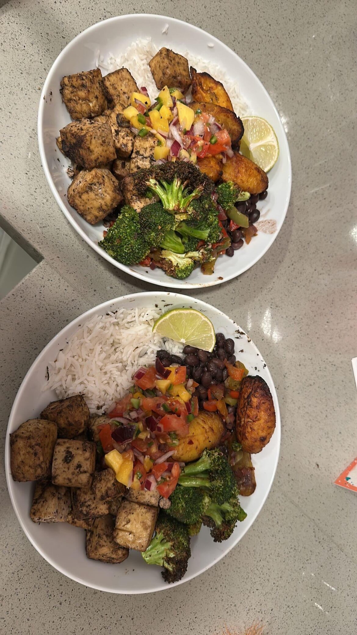 Jerk tofu, plantains, mango pico, broccoli, peppers, onions, rice, lime!