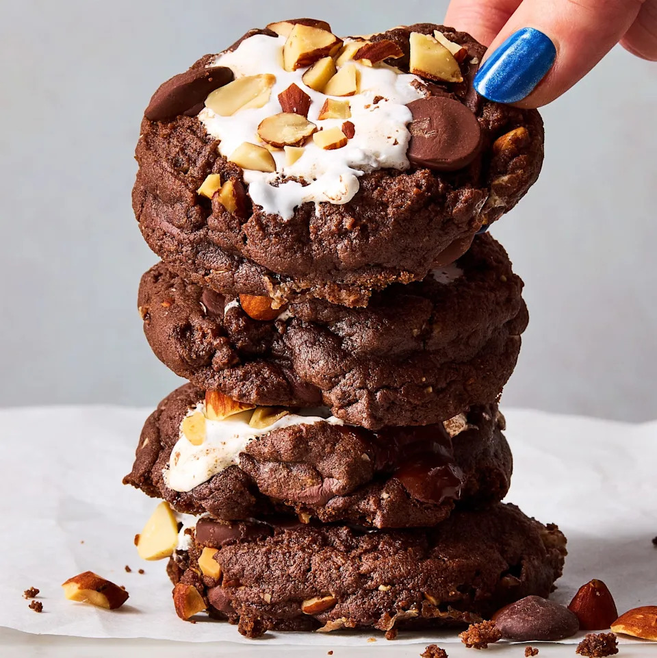 rocky road cookies with fluff marshmallows almonds and chocolate