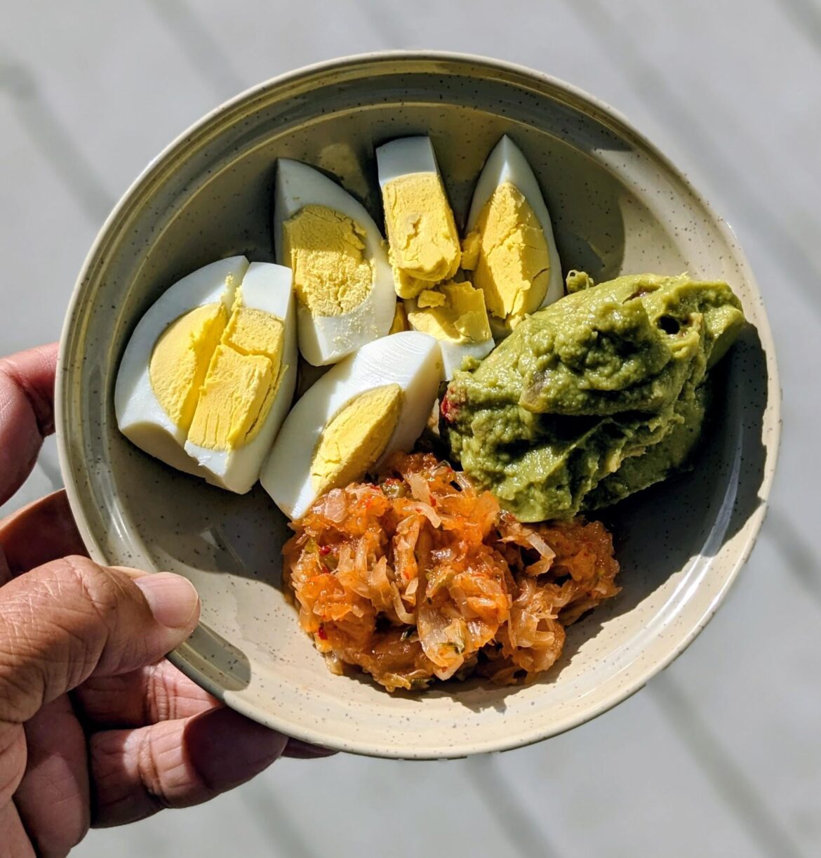 I was recently diagnosed with some gut health issues. Here's my gut friendly breakfast with high protein, quality fats from avocado, and kimchi!