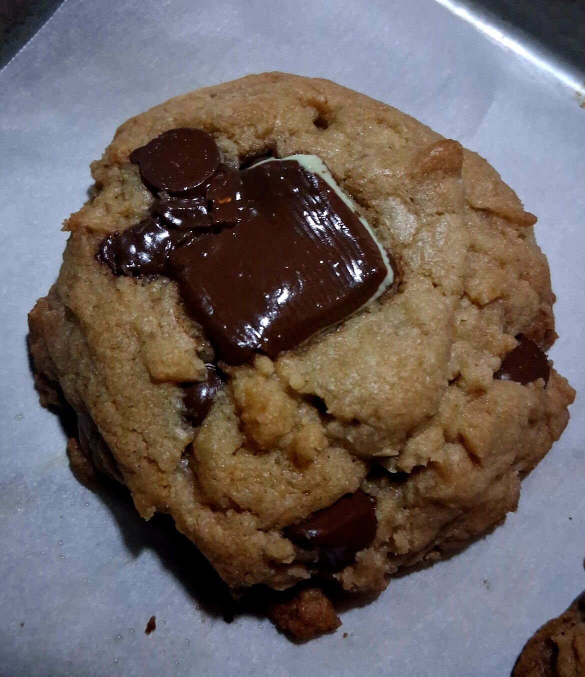 Homemade chocolate chip cookie with Andes chocolate mint candy 🍬