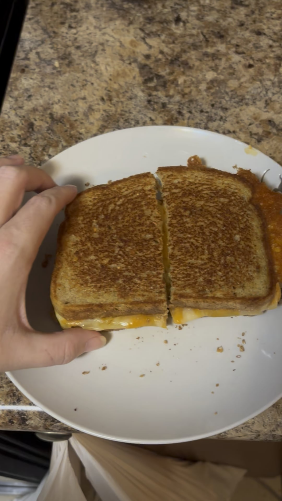 Emmental, cheddar and mozzarella on Dempster’s protein bread with butter