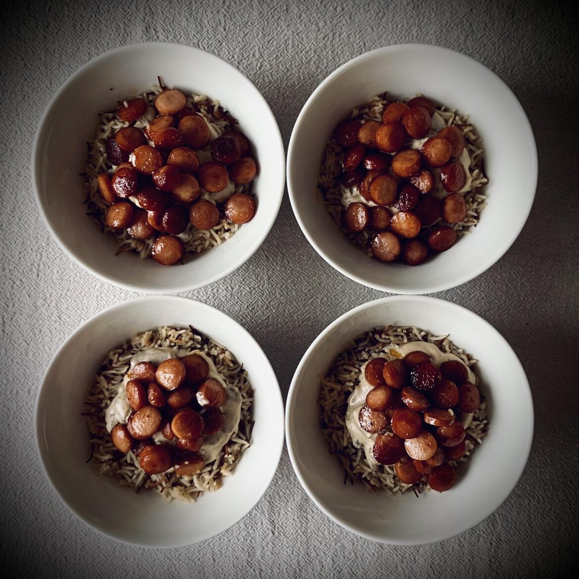 2601: sausages & mushrooms in creamy mushroom sauce with basmati rice