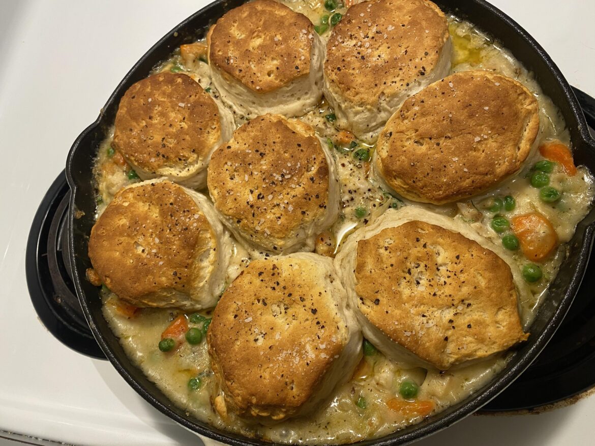 cozy and comfy meal! skillet chicken pot pie with biscuits!