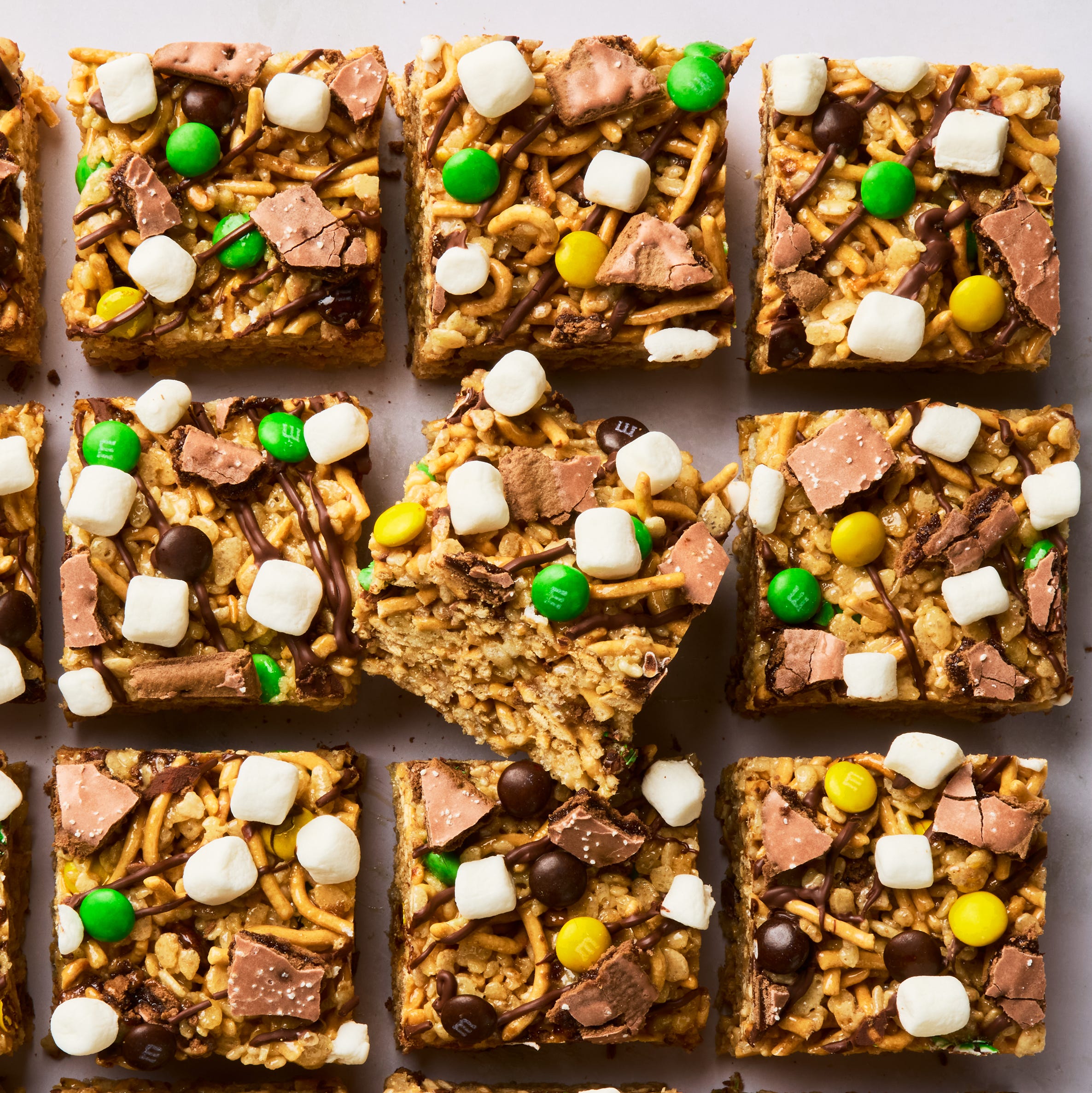 rice krispies treats with marshmallows, candy, and pop tart pieces