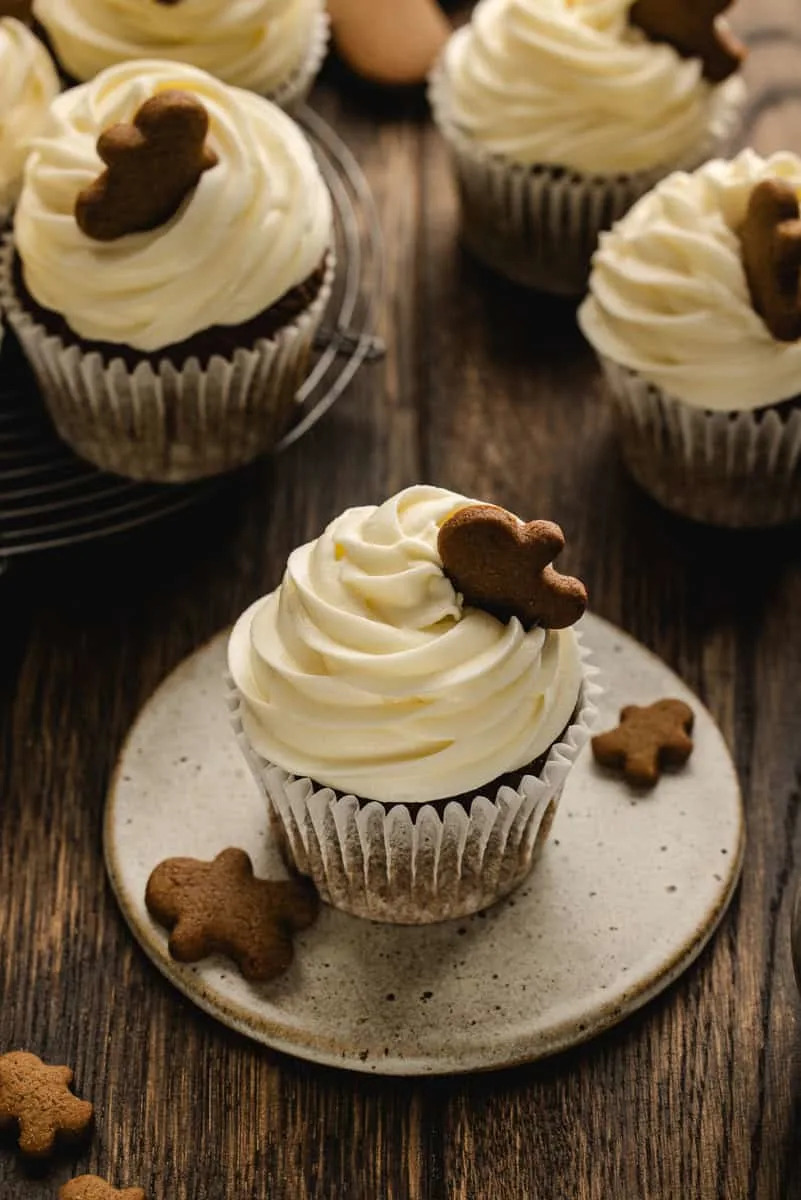 A close up shot gingerbread cupcakes.