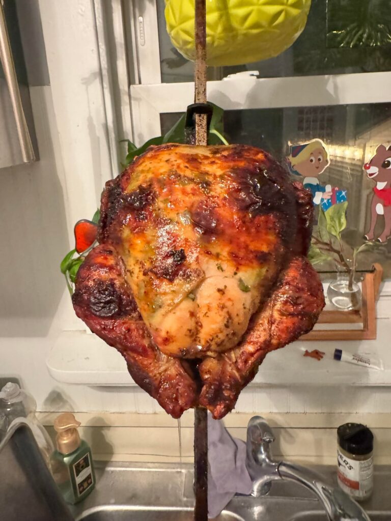 Rotisserie chicken on the Weber.